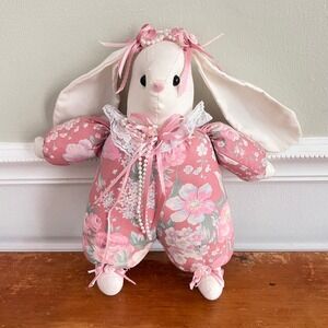 Crafty Lady Plush Bunny Rabbit Floral Lace Pearl Bows Pink Victorian Cottagecore